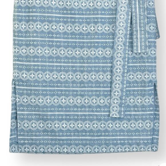 Ann Taylor Embroidered Chambray Tie Waist Pencil Skirt Eyelet Women 8 Side Slits - Picture 5 of 15